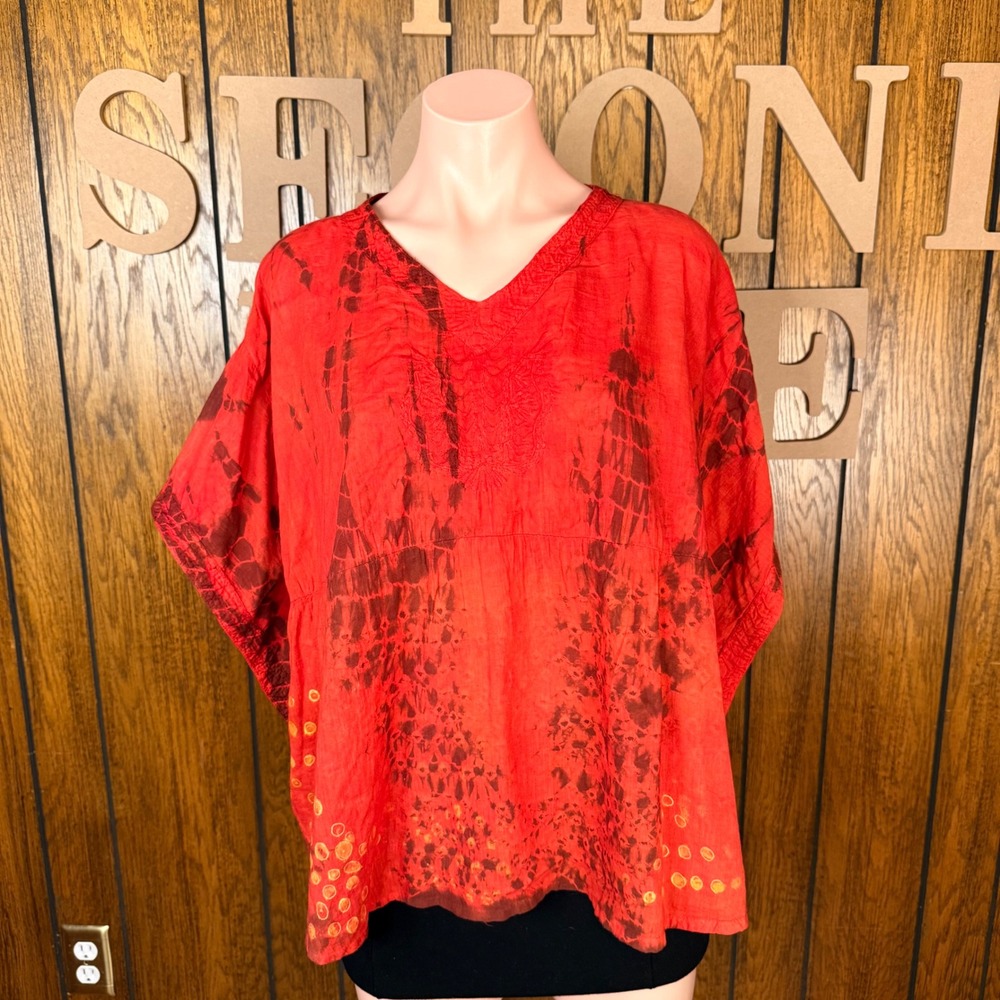 Nurture Ponch Top Womens Small Red Boho Tie Dye Batik Cotton Kaftan Embroidered